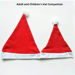Comparison showing size difference between adult and child red plush Christmas hats