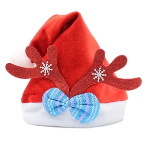 Red velvet Christmas hat with silver snowflake antlers and a plaid bow decoration