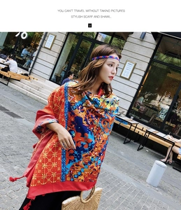 Bohemian style oversized floral print scarf with red tassels for beach sun protection