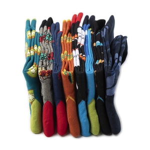 Detailed view of colorful combed cotton mid-calf socks with avocado and stripe patterns