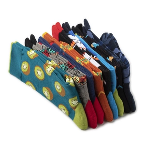 Detailed close-up of various patterned crew socks with kiwi, stripes and abstract designs