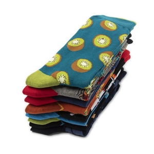 Detail view of stacked mid-calf socks with vibrant kiwi pattern and premium knitted cotton