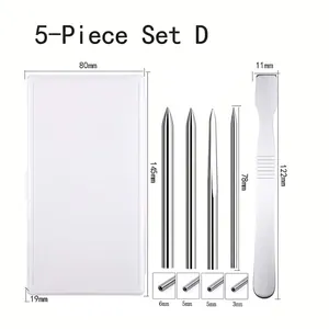 Detailed view of 5-piece stainless steel paracord needle set with dimensions and storage case