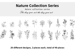 Detail of 40 pieces PET botanical stickers set with 20 unique floral line drawings