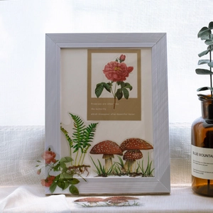 Nature-themed PET stickers with botanical rose and fern designs in a photo frame