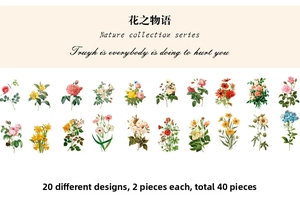 Detailed set of 40 vintage botanical PET stickers featuring 20 unique flower designs