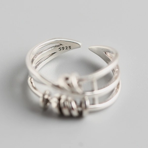 S925 sterling silver multilayer cross ring with adjustable open band and polished finish
