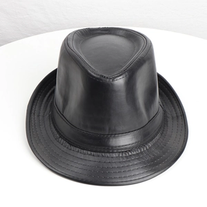 Classic British style black faux leather fedora hat with elegant ribbon for men and women