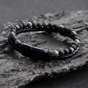 Men's double-layer leather bracelet with tiger eye stones and a black magnetic clasp