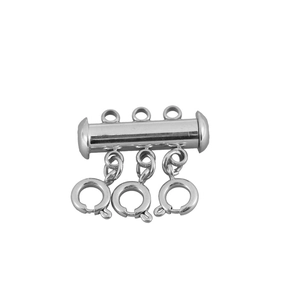 Detailed macro view of silver three-strand necklace spacer slide clasp with spring rings
