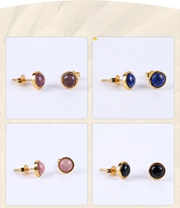 Detailed view of natural stone stud earrings in amethyst, lapis, and rose quartz colors