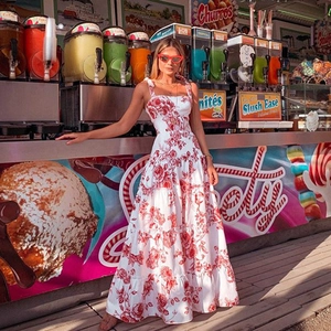 Women Spandex Red Rose Floral Print Maxi Dress Sleeveless Spaghetti Strap Tiered A-Line Bohemian Beach Vacation Style