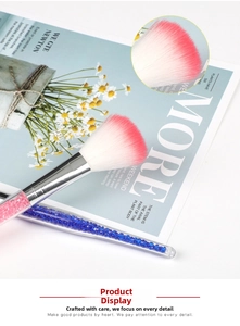Detail of powder brush with crystal filled handle and pink gradient fiber bristles
