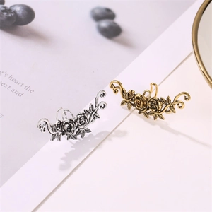 Vintage rose vine ear cuffs with floral engraving in antique silver and gold finishes