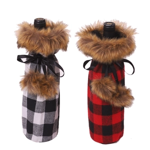 Christmas buffalo plaid wine bottle covers with faux fur trim in red and white checks