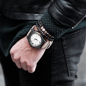 Men's stylish watch with beige leather strap paired with black beaded stone bracelets