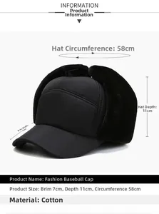 Detail showing dimensions of men's winter aviator cap with plush faux fur ear flaps