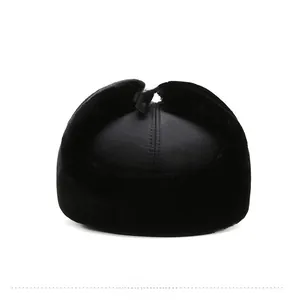 Rear view of a black winter trapper hat with premium faux leather and thick thermal fleece
