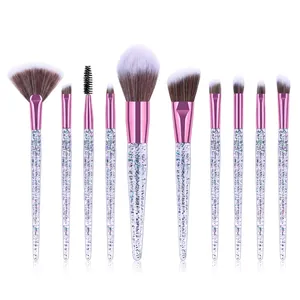 Detail of 10-piece eye makeup brush set with glitter infused handles and soft fiber bristles