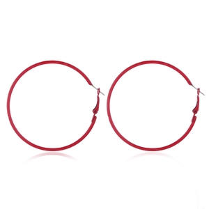 Detailed view of red retro hoop earrings with secure lever back closure on white background