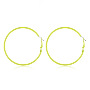Close-up of vibrant green oversized hoop earrings with a glossy finish on white background