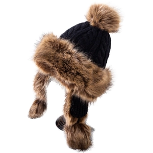 Black knitted earflap hat with brown faux fur trim and three decorative pom-poms
