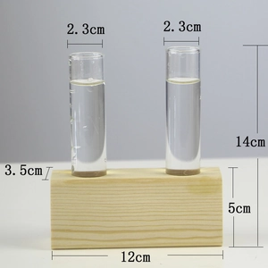 Detailed dimensions of double test tube glass vase with a rustic wooden holder base