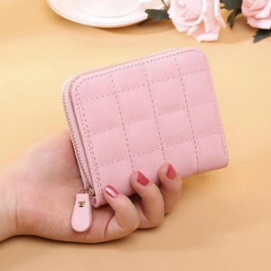 Women Quilted PU Leather Wallet Short Zip Around Coin Purse Compact Square Card Holder Fashion Elegant Handbag