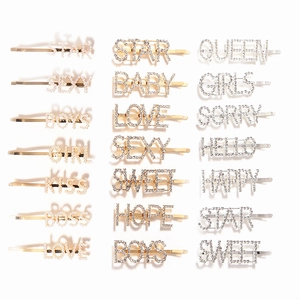 Golden and silver metal hair clips with rhinestone STAR SEXY LOVE QUEEN letter designs