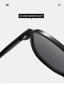 Close-up of secure metal reinforced hinges on high-quality oval black aviator sunglasses