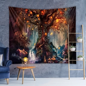 Detail of enchanted forest tapestry featuring glowing lanterns and waterfall on wall