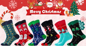 Detailed set of six festive cotton crew socks with reindeer and Santa Claus patterns