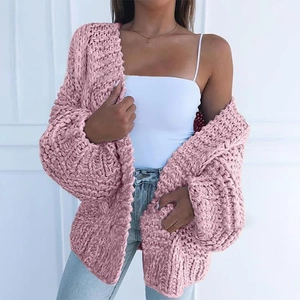 Pink oversized mohair knit cardigan sweater with chunky texture and casual loose fit