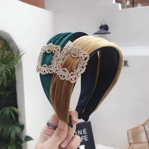 Green and yellow velvet padded headbands with sparkling square crystal rhinestone buckles