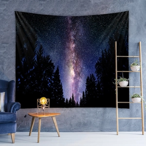 Starry galaxy and forest silhouette tapestry for modern living room wall decor