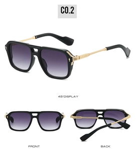Three-angle view of black pilot sunglasses with gold metal temples and gradient lenses