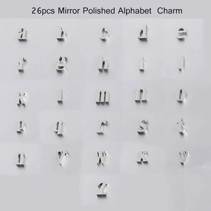 Macro view of 26pcs mirror polished stainless steel A-Z lowercase alphabet charms