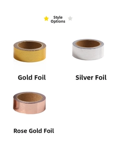 Detail view of decorative foil washi tape rolls in gold, silver, and rose red colors