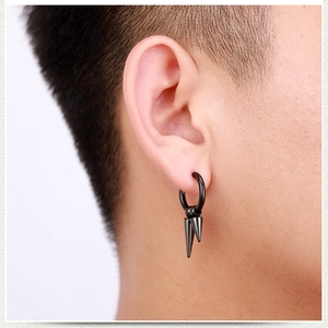 Punk black stainless steel hoop earring with double spike pendants worn on male ear