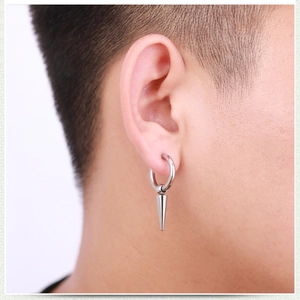 Minimalist silver stainless steel hoop earring with a sleek tapered cone pendant for men