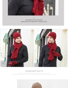 Detail of burgundy knitted winter set with touchscreen gloves and checkered texture