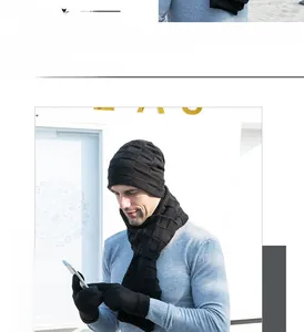 Men's winter 3-piece knitted set featuring a beanie hat, scarf, and gloves in black