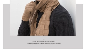 Detailed view of the tan checkered knitted scarf and matching gloves for men's winter