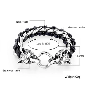 Men's double wolf head black braided leather bracelet with 316L stainless steel clasp