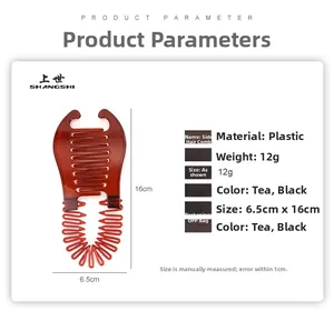 Detail view of 16cm brown plastic side hair comb with size and weight parameters