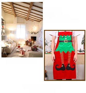 Detail of Christmas Elf apron with festive red and green colors and 3D leg features