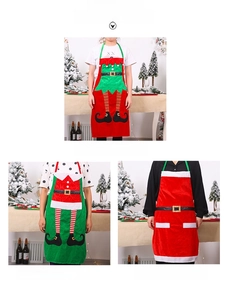 Detailed view of three festive Christmas aprons including Santa and Elf style designs