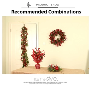 Close-up of festive Christmas garland with red berries, pine cones and green leaves