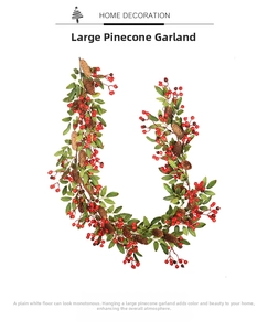 Close-up of decorative Christmas garland with large pine cones and red berries on white