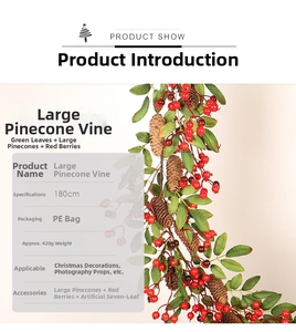 Detail of 180cm Christmas garland featuring natural pine cones and red berries